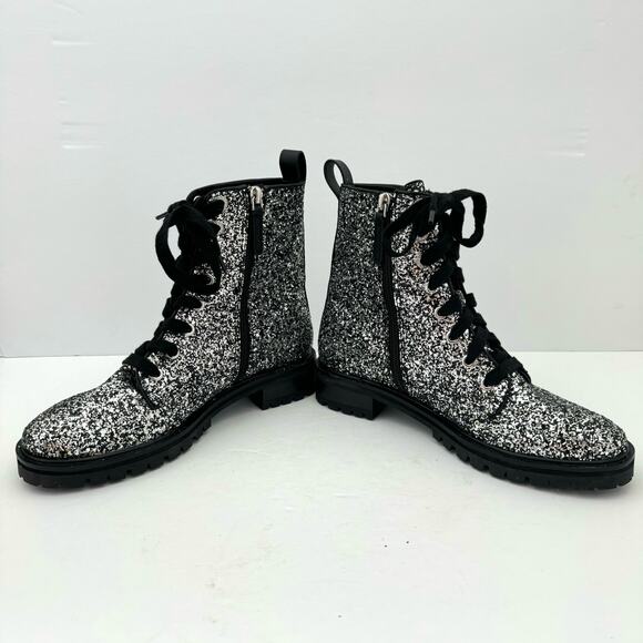 Kate Spade Jemma Silver Glitter Leather Combat Boots Women's 6.5 NEW - Picture 7 of 13